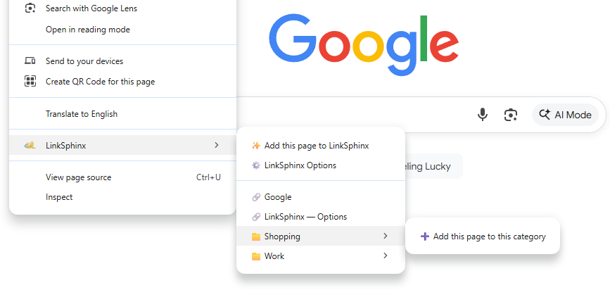 Context menu showing LinkSphinx categories and actions